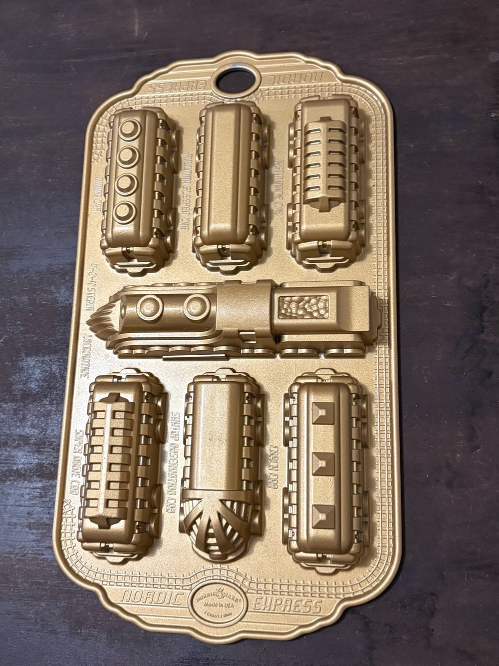 Nordic Ware Christmas Express Train Cakelet Pan Gold Cast Aluminum
